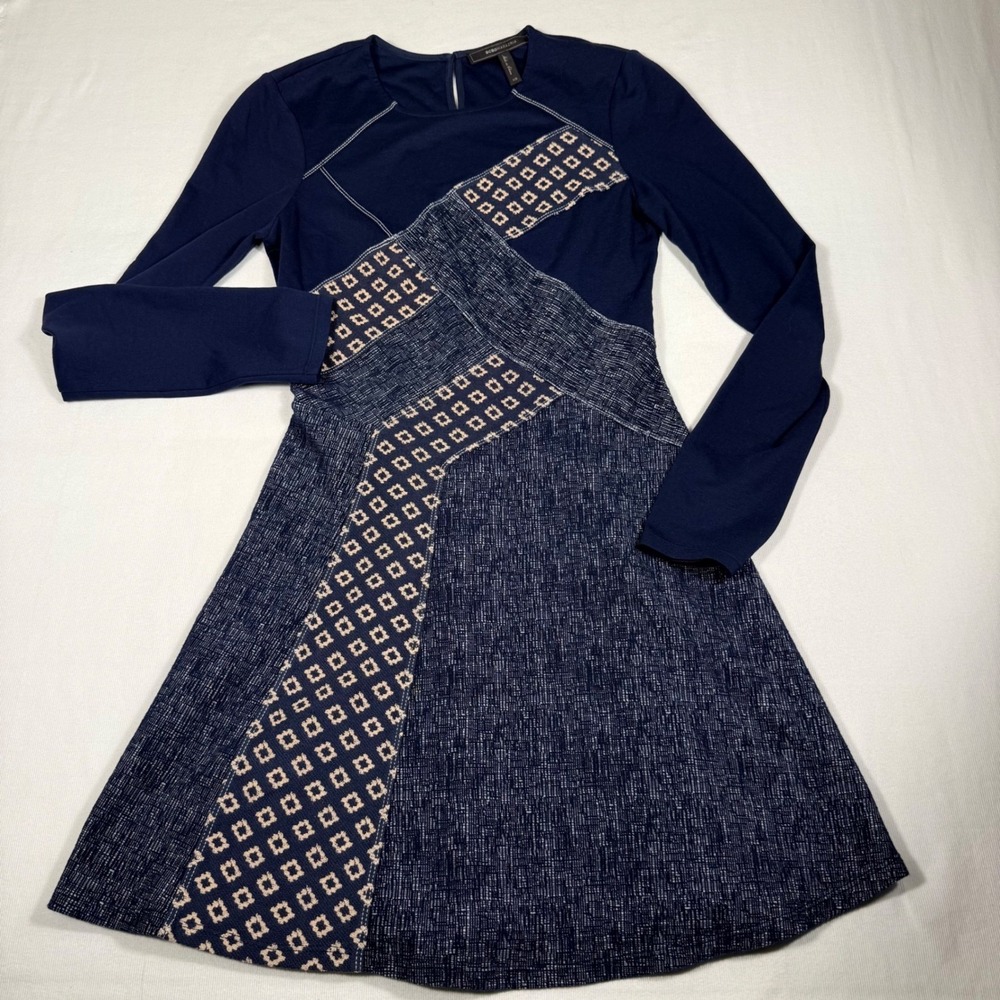 BCBGMAXAZRIA Mini Dress XS Navy Blue Mixed Media Patchwork Long Sleeve - Picture 15 of 16